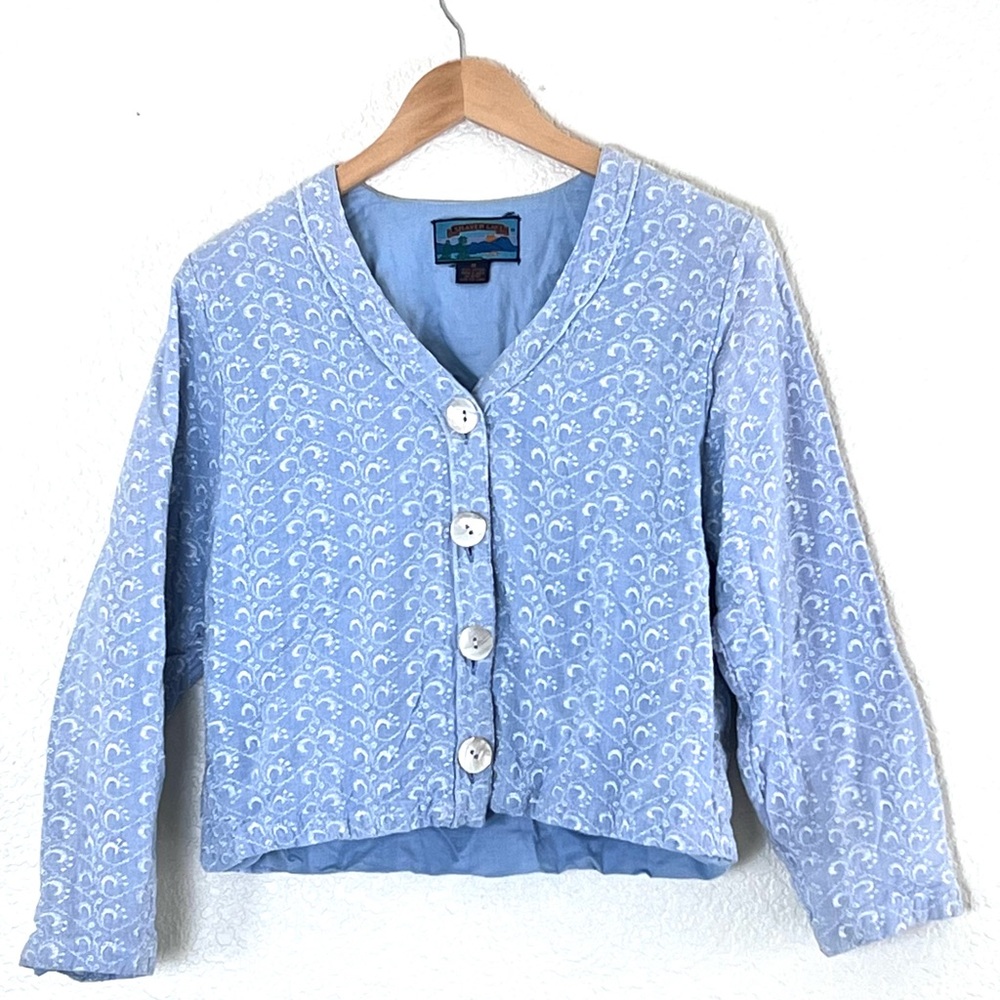Shaver Lake | Vintage embroidered floral blue patterned short jacket siz…